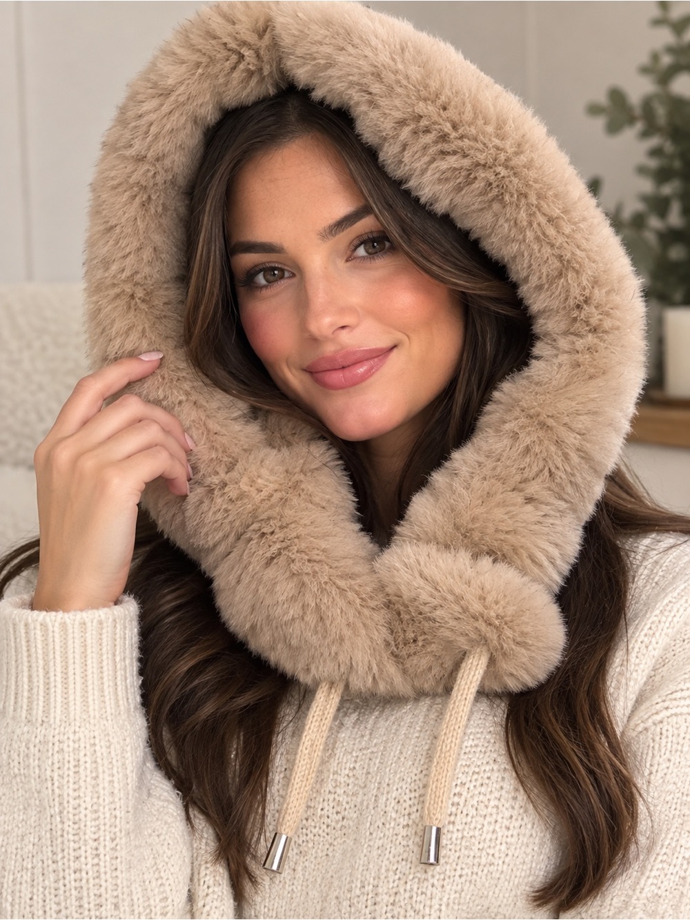 Cable-Knit Faux Fur Trim Hooded Hat - Camel